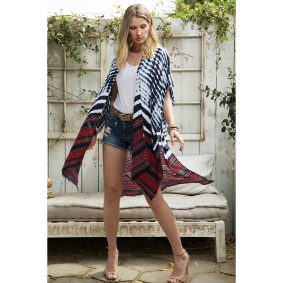 SOLD OUT Indigo Tie Dye Jacquard Ethnic Boho Bohemian Motif Open Kimono Wrap - Picture 4 of 7